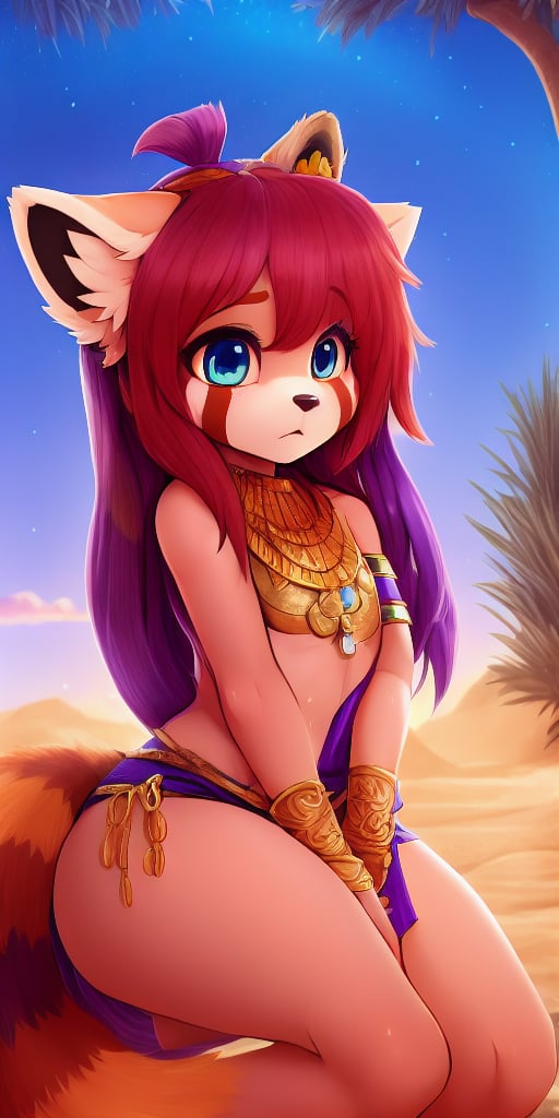 Comic Strip, A young Red Panda girl is forced to walk across the desert to be left alone until she locates an isolated oasis.  Nighttime, raining, beauty, red_panda, ancient_egyptian, 1girl, vegetation, water, lavender_hair, blue_eyes, anthromorph, sand, high_resolution, digital_art, red_fur, fruits, cute_fang, golden_jewelry, messy_hair, curvy_figure, stars_(sky), sitting_down, emprisoned, lonely, loin_cloth, afraid