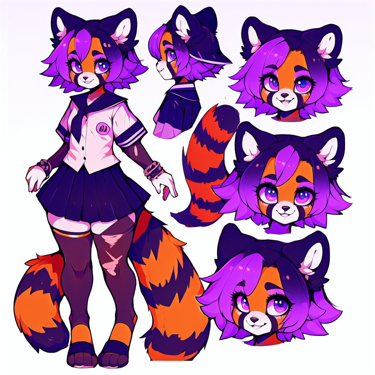 (CharacterSheet:1), sexy,red_panda,school_girl, lavender_hair, blue_eyes, anthromorph, high_resolution, digital_art, cute_fang, golden_jewelry, messy_hair, curvy_figure, body scars,school_uniform, (multiple views, full body, upper body, reference sheet:1), back view, front view,(white background, simple background:1.2),(dynamic_pose:1.2),(masterpiece:1.2), (best quality, highest quality), (ultra detailed), (8k, 4k, intricate), (50mm), (highly detailed:1.2),(detailed face:1.2), detailed_eyes,(gradients),(ambient light:1.3),(cinematic composition:1.3),(HDR:1),Accent Lighting,extremely detailed,original, highres,(perfect_anatomy:1.2),  