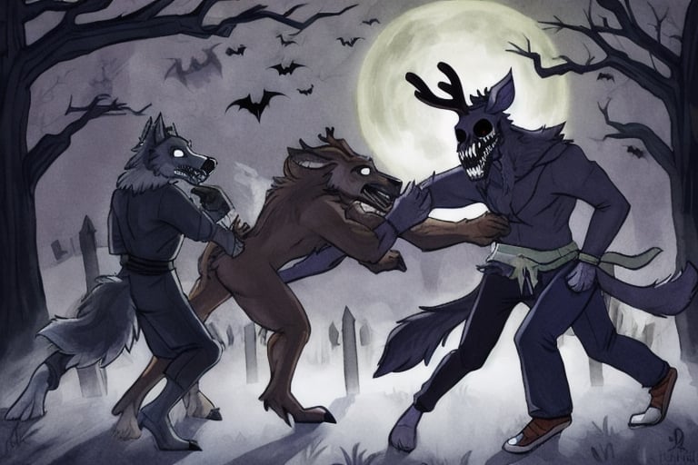 a pack of wolves fighting off a deer wendigo, spooky, Halloween