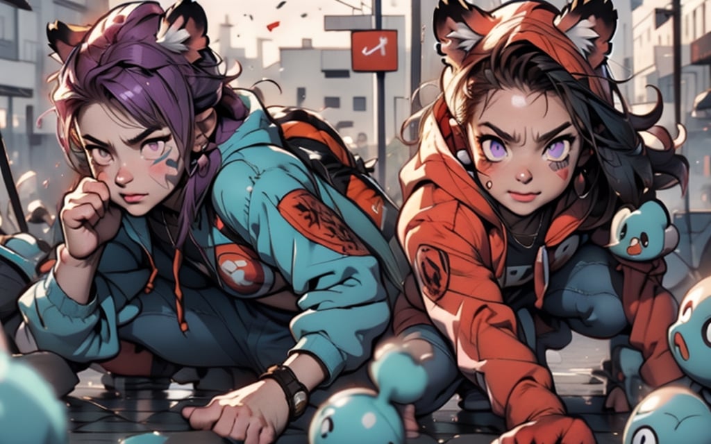 Comic, kawaii, master piece, werewikf in an abandoned zombie filled city, red_panda_hood, paw_gloves, Fur_boots, animal_marking, face_paint, chocolate_hair, violet_eyes, furry_jacket,yofukashi background, zombies,hinata,1990s \(style\),kusanagi motoko,city,chundef, action_pose, battle_stance, back_pack,running,teenage , ripped_clothing, bloody_clothes, sweatpants,Circle,vectorstyle, happy_face, hungry,cammy sf6,c.c.,manga,manwha,chara-sheet