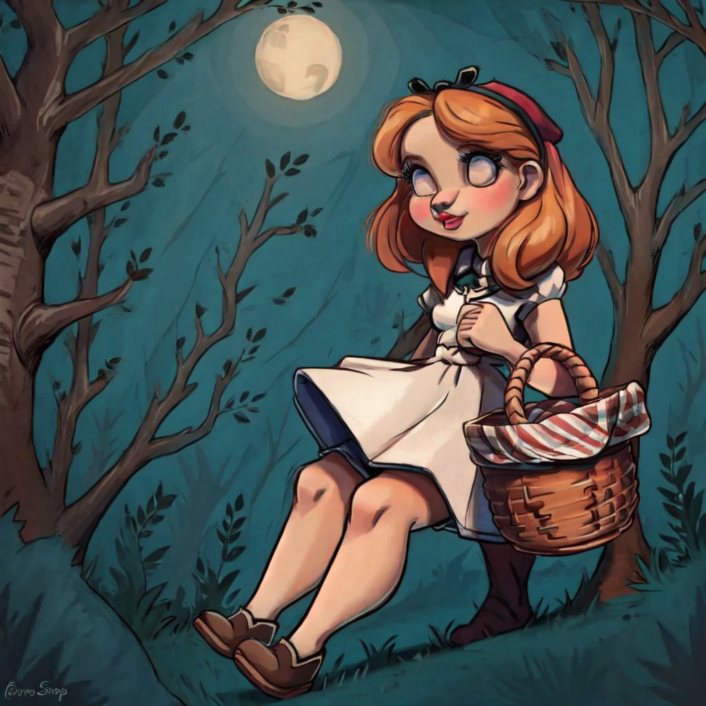 1930s (style), kawaii, little red riding hood as an antheromorphic red wolf walking through the woods holding a basket,