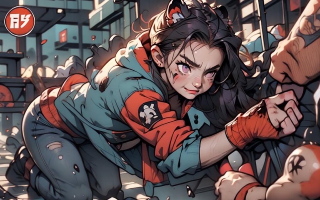 Comic, kawaii, master piece, werewikf in an abandoned zombie filled city, red_panda_hood, paw_gloves, Fur_boots, animal_marking, face_paint, chocolate_hair, violet_eyes, furry_jacket,yofukashi background, zombies,hinata,1990s \(style\),kusanagi motoko,city,chundef, action_pose, battle_stance, back_pack,running,teenage , ripped_clothing, bloody_clothes, sweatpants,Circle,vectorstyle, happy_face, hungry,cammy sf6,c.c.,manga,manwha,chara-sheet