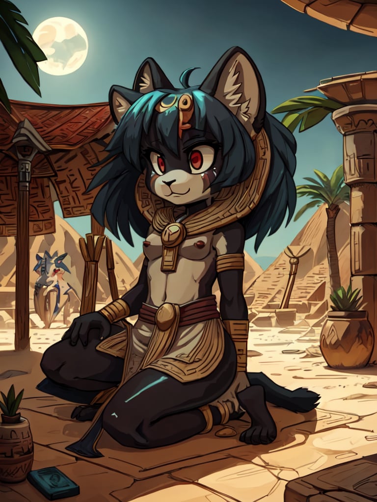 1930s (style), kawaii, male, crazy, red_panda, ancient_egyptian, dark_hair, purple_eyes, anthromorph, high_resolution, digital_art, cute_fang, golden_jewelry, messy_hair, curvy_figure, body scars, tummy, outdoors, Red_fur, chest_fluff, relaxing, fore_paws, loin_cloth,Building_Egyptian, tunic, foot-pads, Cyber_Egypt, red_black_white_fur, animal_markings,kusanagi motoko,star shaped pupils, smiling, cute_fang,Cyber_Egypt, relaxing, water, laying_down