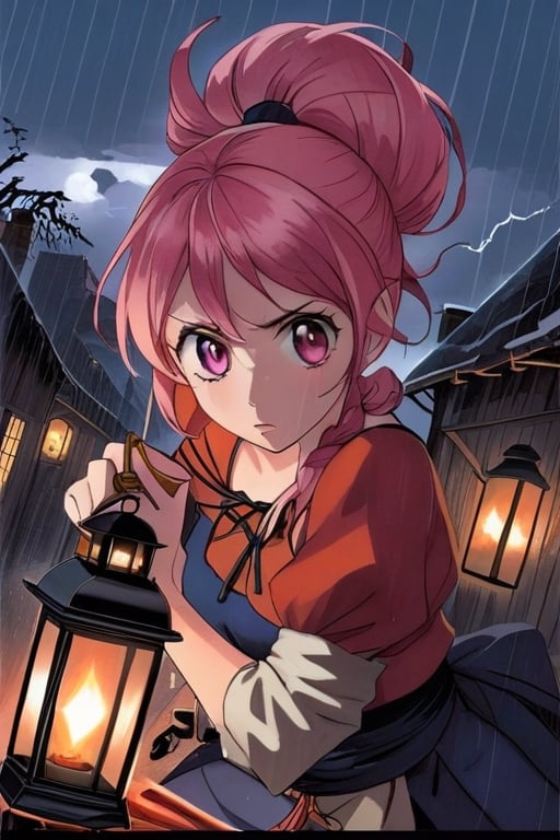  a young woman of 14 with short strawberry blonde hair tied up in messy ponytails and ember eyes armed with an Epee and miner's lanterns in cold barren island 1850s town at night during a terrible storm who is being hunted by Vampires, masterpiece, best quality,comic_book_cover, lycanthrope, amber_eyes, windy, raining, pink_hair,Extremely Realistic,3d style,sugar_rune