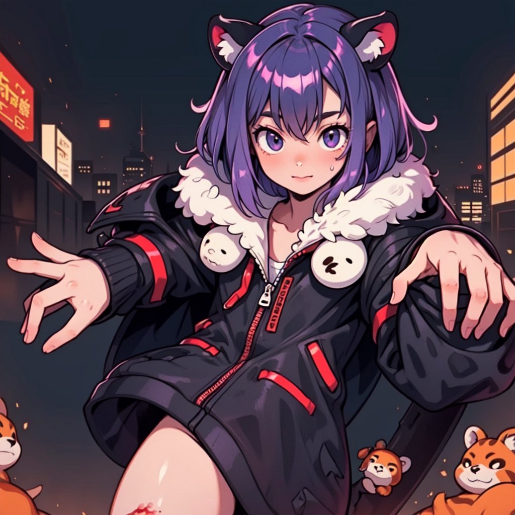 1930s (style), Comic, kawaii, master piece, beautiful boy in an abandoned zombie filled city, red_panda, paw_gloves, Fur_boots, animal_marking, face_paint, chocolate_hair, violet_eyes, furry_jacket,yofukashi background, zombies,hinata,1990s \(style\),kusanagi motoko,city,chundef, action_pose, battle_stance, back_pack,running,teenage , ripped_clothing, bloody_clothes, sweatpants,Circle,vectorstyle, happy_face, hungry,cammy sf6,c.c.,manga,manwha,chara-sheet, animal_tail