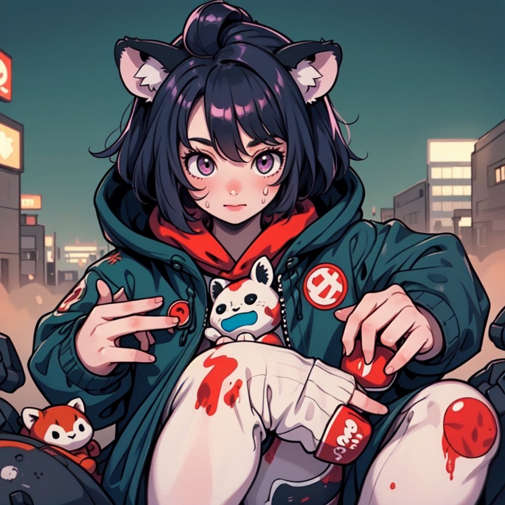 1930s (style), Comic, kawaii, master piece, beautiful boy in an abandoned zombie filled city, red_panda, paw_gloves, Fur_boots, animal_marking, face_paint, chocolate_hair, violet_eyes, furry_jacket,yofukashi background, zombies,hinata,1990s \(style\),kusanagi motoko,city,chundef, action_pose, battle_stance, back_pack,running,teenage , ripped_clothing, bloody_clothes, sweatpants,Circle,vectorstyle, happy_face, hungry,cammy sf6,c.c.,manga,manwha,chara-sheet, animal_tail