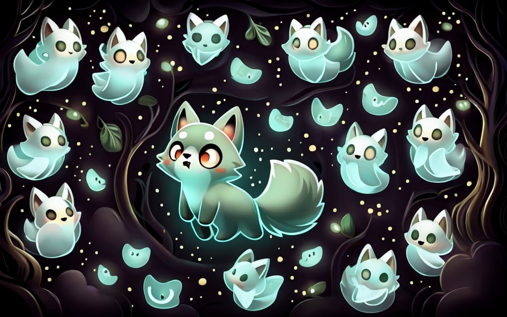 a cute scared wolf pup with sage colored fur lost in a haunted foggt forest, Chibi, sage, fog, ghosts,forest