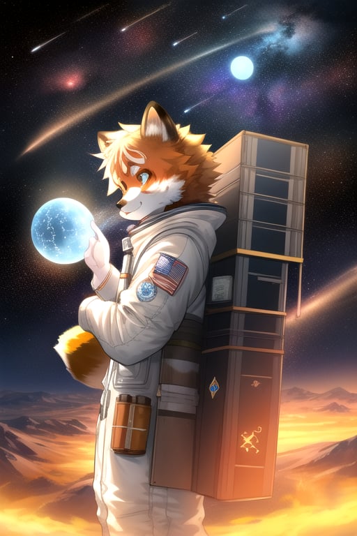 Galali, a kemono furry suit of a red panda golden retriever hybrid with glowing celestial constellation fur markings fully body portray wearing a bohemian space suit, with Sami symbolism embroideries, surrounded by the dieselpunk space station orbiting Uranus,furry