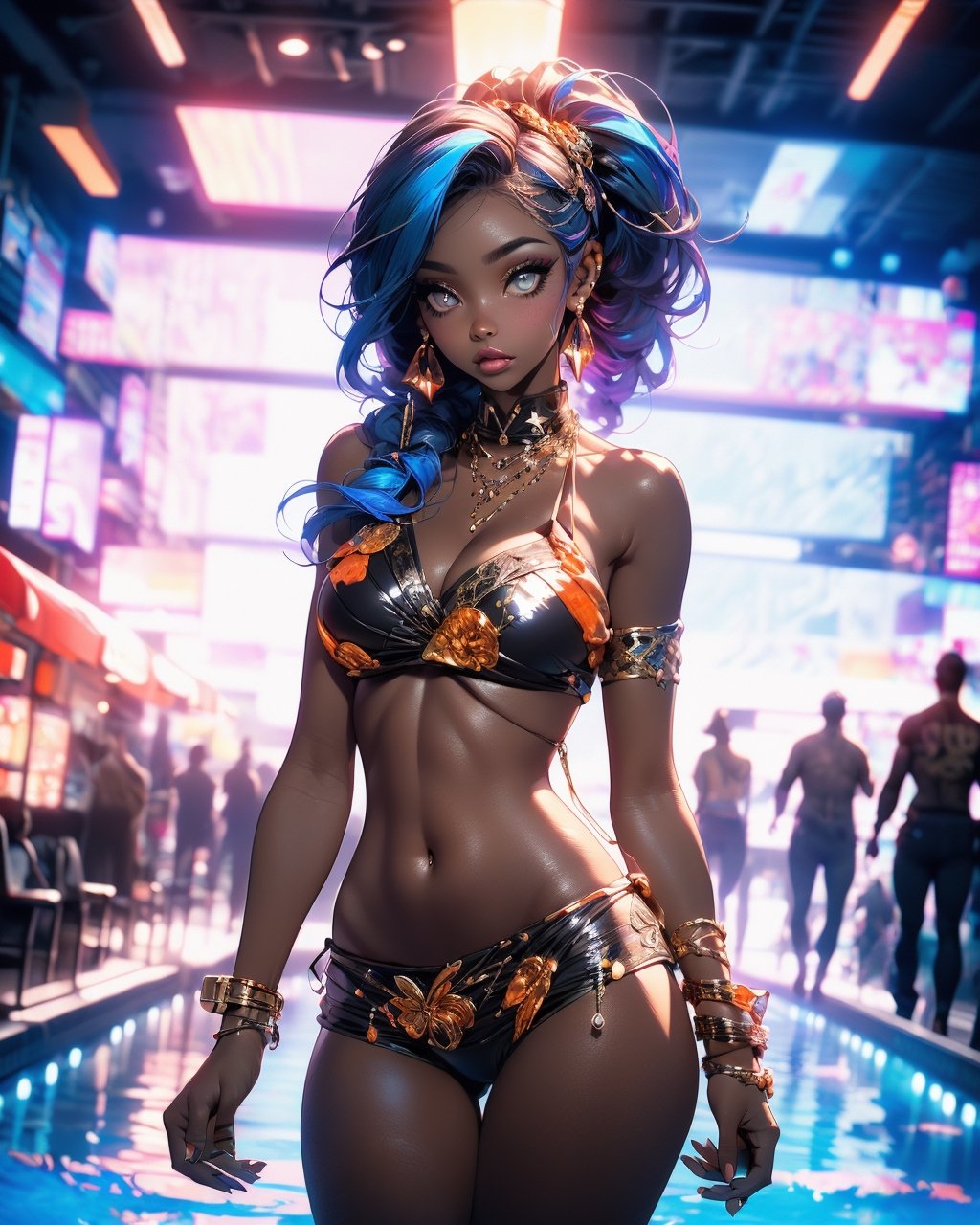 beautiful black skin woman, bandeau on breasts, (((intricate/epic/classy/fancy/shiny/colorful/amber bikini))), gloss/jewels/earing, (((shiny/intricate/details/beautiful/cute/colorful/amber eyes))), landscape, pool, swim
