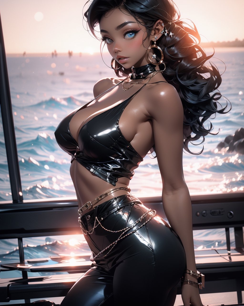 beautiful black skin woman, side_tie_bikini, big breasts, beach, sunset, sea, diamond bikini