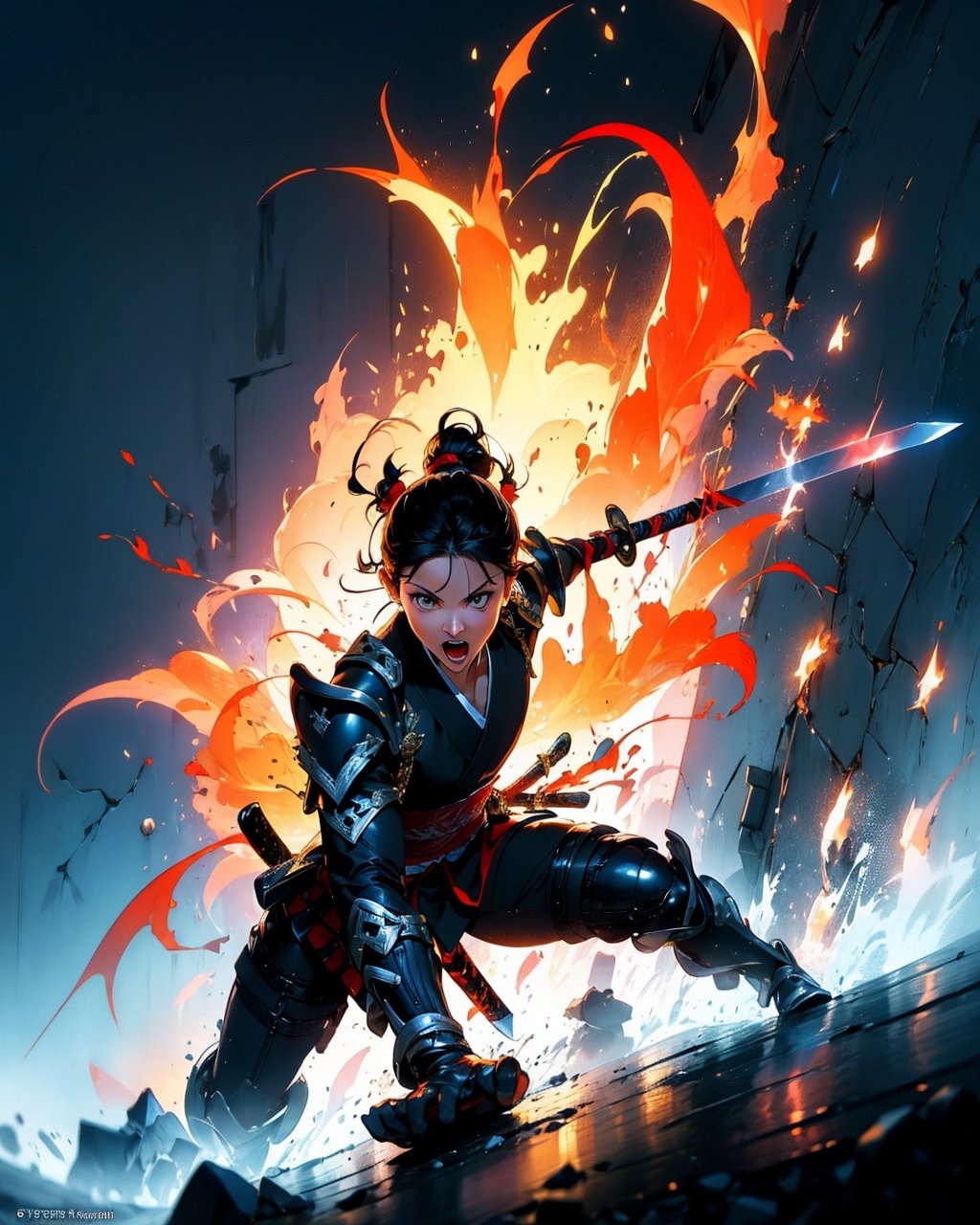 epic scene, samourai, long sword:shiny/vibrant/blue ,Holdingsword, scream, action position, dynamic position, houses in fire