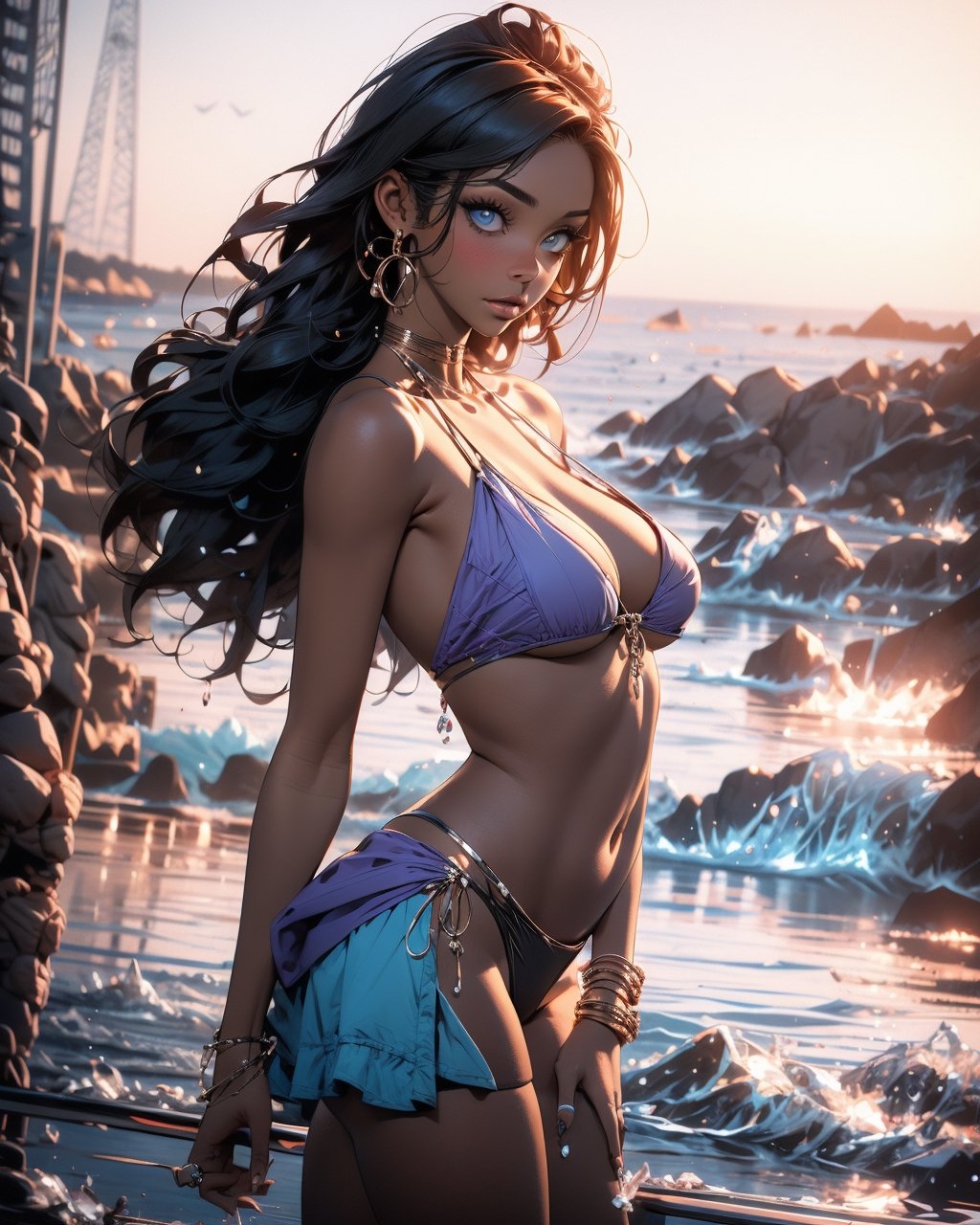 beautiful black skin woman, side_tie_bikini, big breasts, beach, sunset, sea, purple bikini