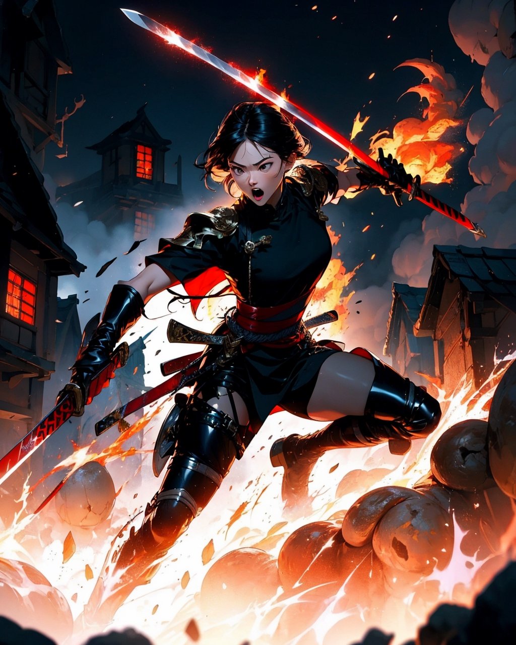 epic scene, samourai, long sword:shiny/vibrant/red ,Holdingsword, scream, action position, dynamic position, houses in fire