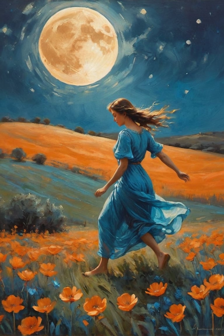 a painting of a girl walking in a field under a full moon, in the style of graceful movement, orange and azure, phoenician art, flower power, realistic yet romantic, pictorial fabrics, dance