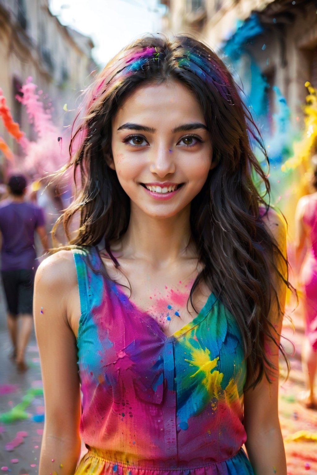 1girl, adult, long hair, looking at viewer, smile, black hair, dress, upper body, solo focus, grin, blurry, blurry background, hand in own hair, realistic, looking at viewer, paint splatter, playing Holi, realistic photograph ,holi festival , festive moment,  vibrancy of the colors,  joyous, splashes, colorful powder, festival, colors,photorealistic,see-through,more detail XL,FilmGirl,renny the insta girl