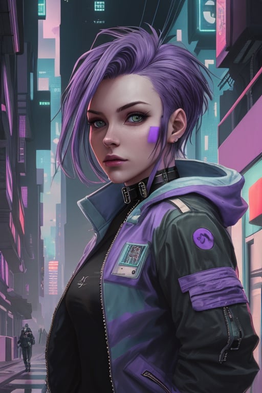 dark-green-eyes, purple_hair, purple_jacket, cyberpunk, netrunner, jacket, realistic, choker, cityscape background
