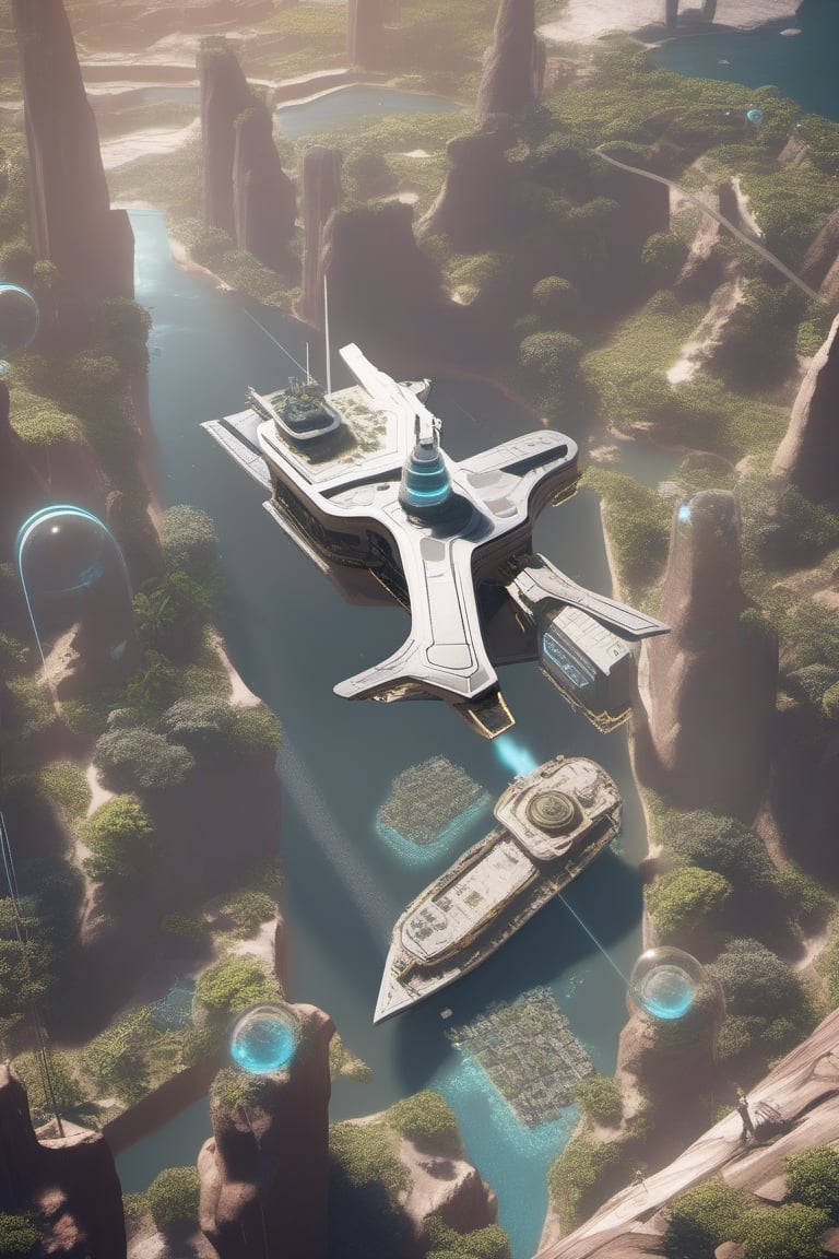 an explorer ship navigating an AI advanced tech city landscape,island,trilla