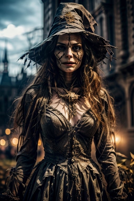 masterpiece, best quality, photorealistic, raw photo, beautiful female  scarecrow, midnight scene, better witch,better witch