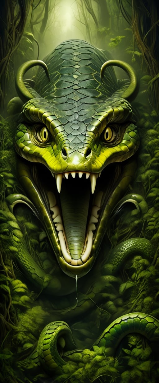 Modern art style, green and yellow color palette, Titanoboa snake crawling in the forest, threatening, ready to attack, with its tongue out, hyper realistic, fantasy horror art, photorealistic dark concept art, in style of dark fantasy art, detailed 4k horror artwork,

more detail XL, Gric