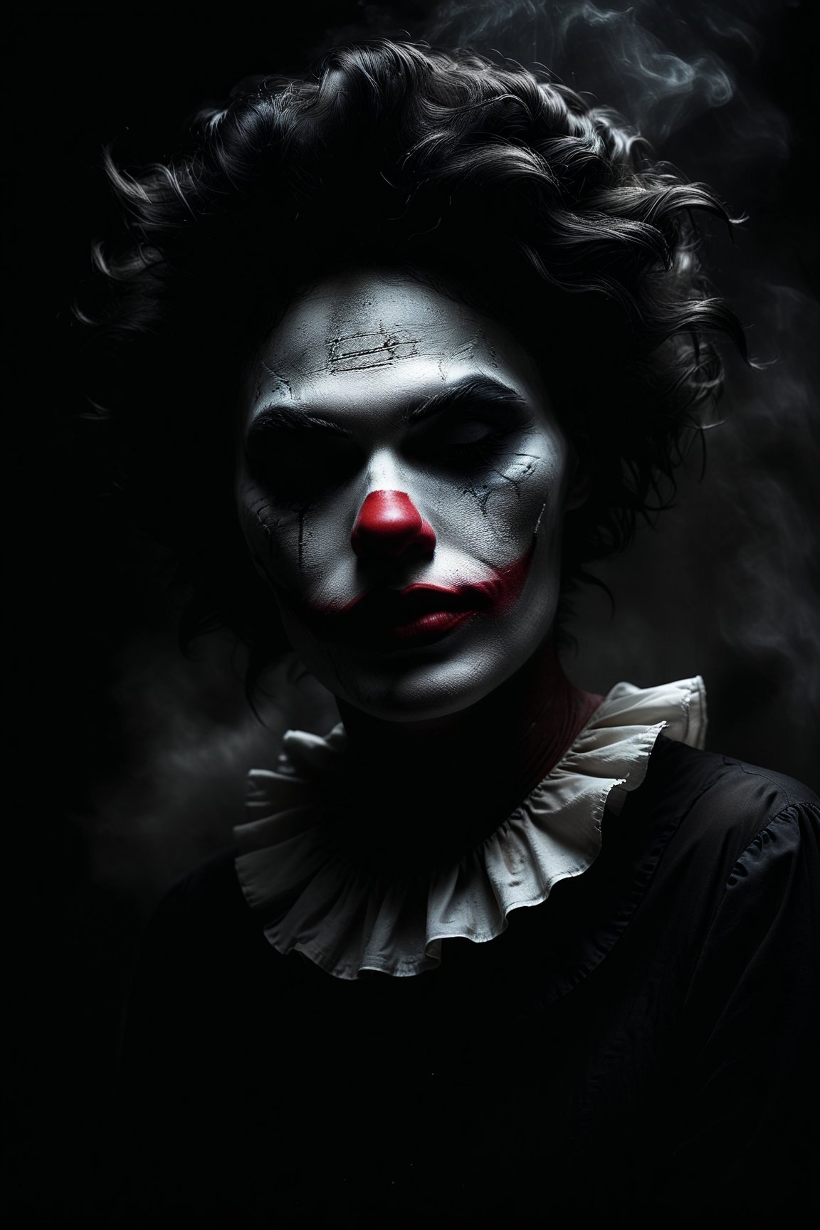 Unmasking Desires": In Death They Shall Burn. Explore the vulnerability and liberation of desires as clown models, adorned with black over black clown makeup, remove their masks in a top soft light environment. Capture the highly detailed and melancholic essence in the style of Oleg Dou, creating a masterpiece photography series.
