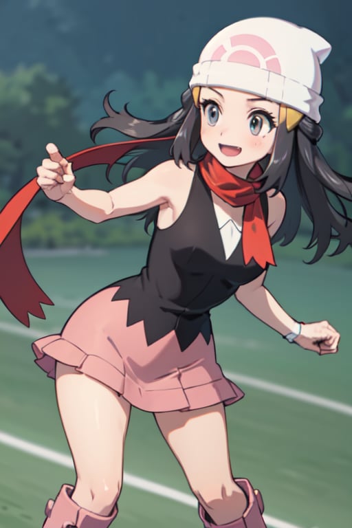 ((masterpiece)), ((best quality)), ((beautiful and delicate)), ((ultra detailed)), (dynamic pose), dynamic angle, 1girl, dawn \(pokemon\), black shirt, sleeveless, red scarf, pink skirt, pink boots, white headwear, beanie, smile, exposed vagina, fat_pussy, legs apart, standing and giving orders, battle pose, tore clothes, pokemon gym background, shy face, red flushed face,