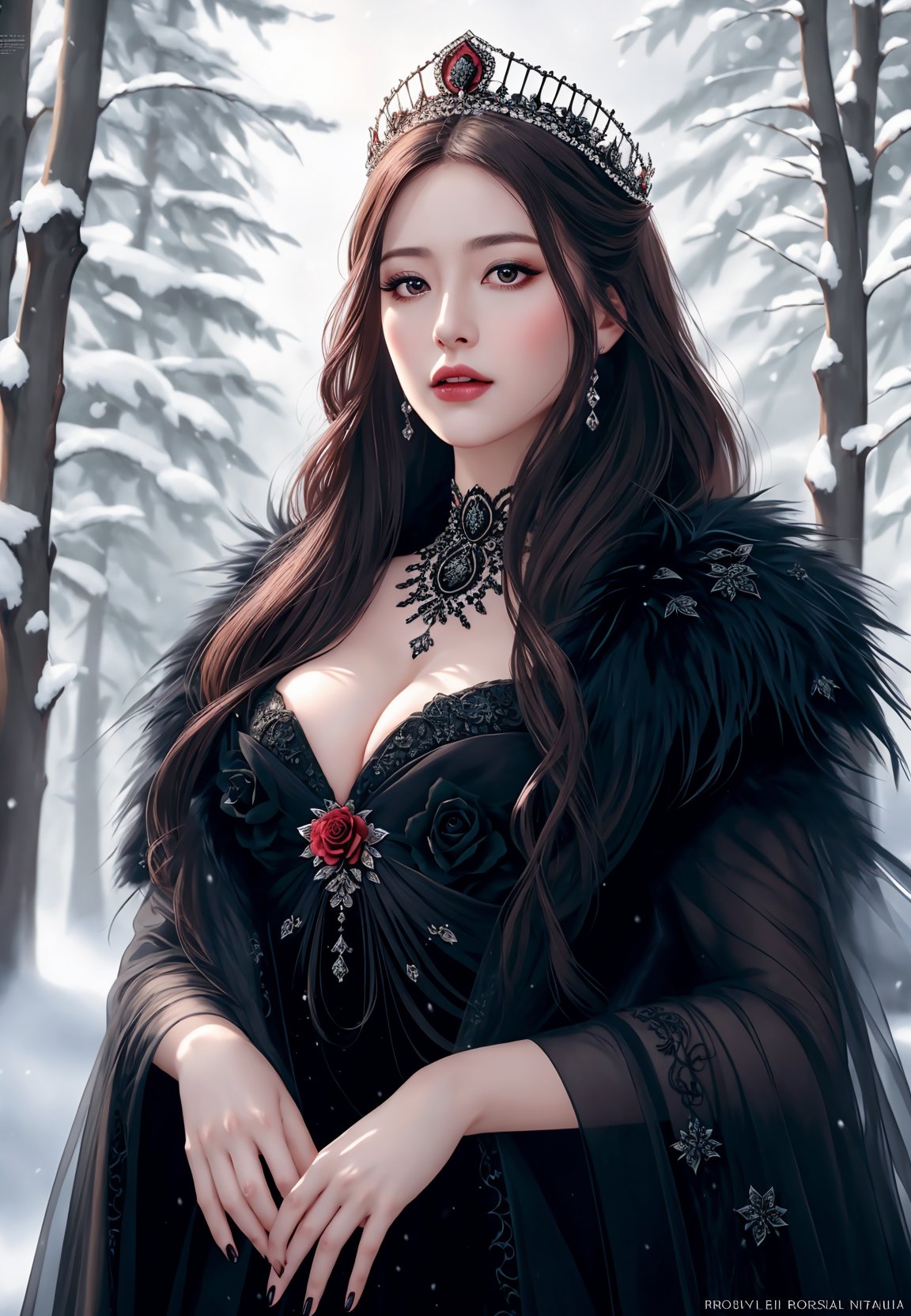 Hyper-realistic illustration of A queen in intricated black dress, black rose ornate, luxurious look, beautiful face, delicate serene eyes, eyeliner, black-roses adorning with skull tricklets, black fur coat, crown, fantasical concept, snowy forest in background, with snowfall, floating particles, depth of field, highres CG illustration, ultra-detailed, hyper-realistic , mid-shot, dark theme,1 girl