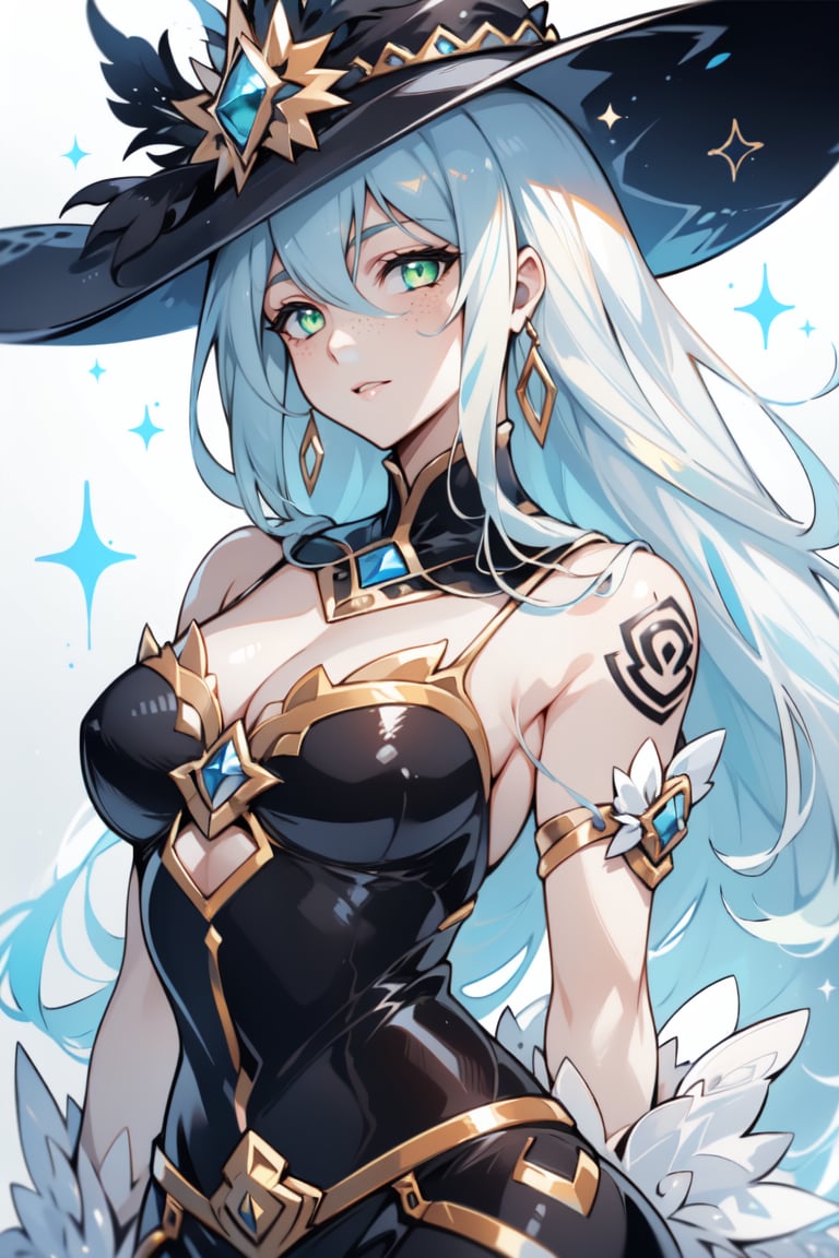 1 girl, solo, witch, (masterpiece), inked, young woman, long blue hair, styled bangs, beautiful detailed eyes, green eyes, jewel eyes, sparkling diamond pupils, freckles, detailed body, ultra-detailed face, sleeveless  long dress white color, silver corset, moon earrings, WonderWaifu, dynamic pose, valorant art, new agent, valorant style background,yuzu