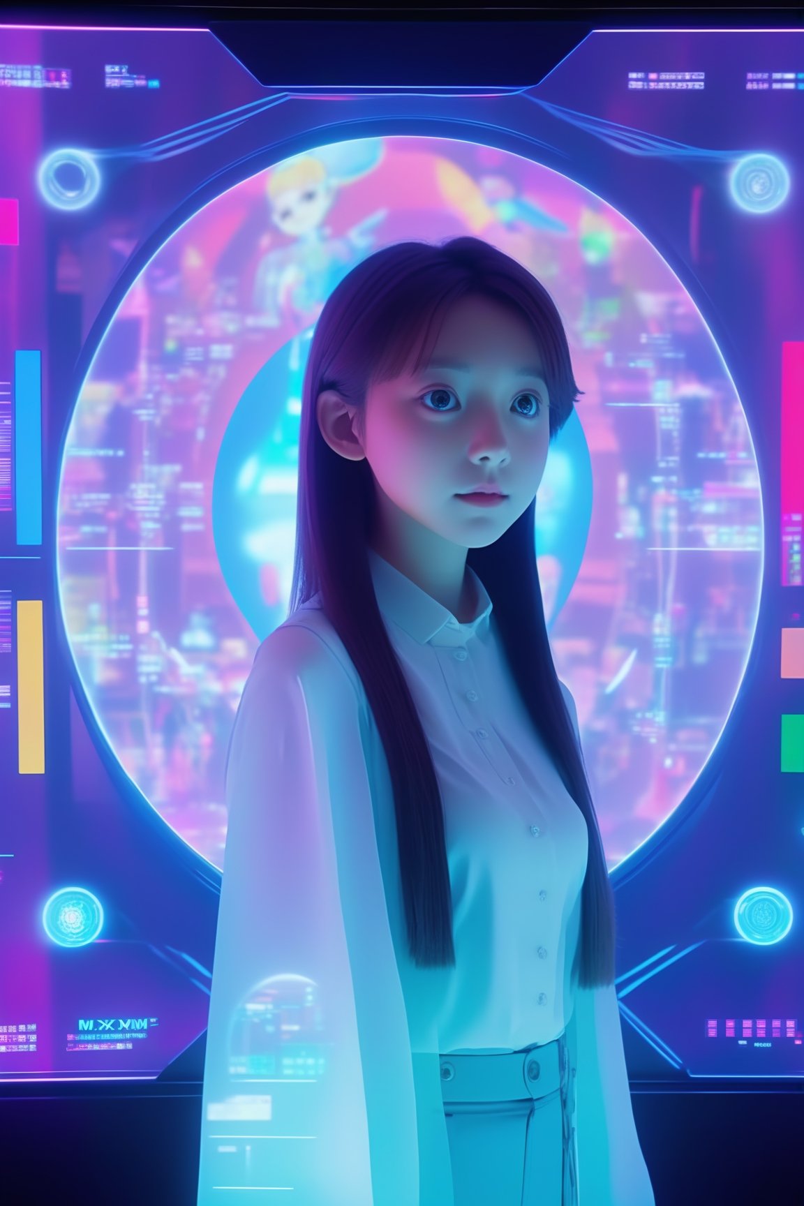 colorfull, effect, anime style, a screen shot of a girl look at viewer that is on display in a museum of computer technology, hologram, frozen, masterpiece, best quality, high detailed, magic circle, detailed face, Wide Shot, full body,Movie Still,xxmix_girl