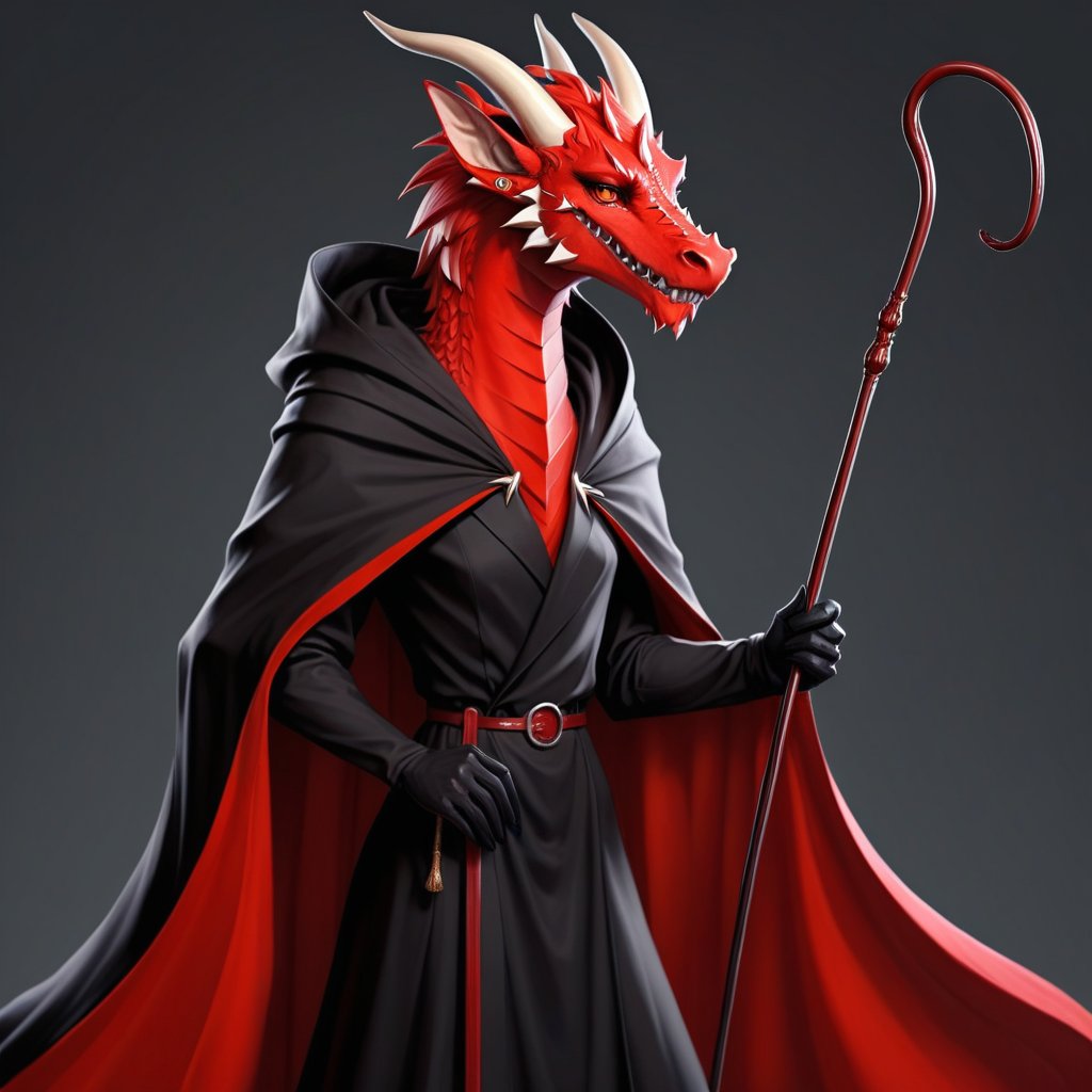 ANTHROPOMORPHIC dragon, red, beautiful face, wearing a long black cloak, holding a long cane. hyper-detail, stylization,shark