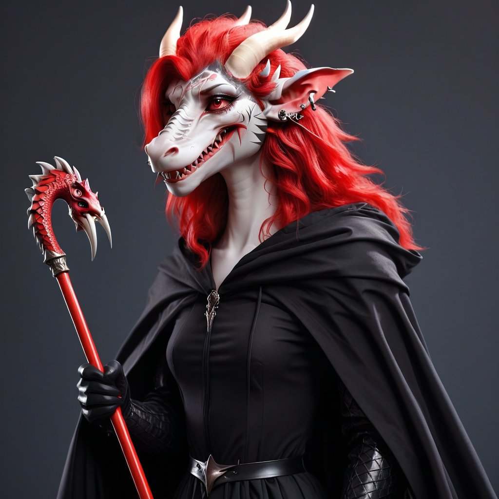 ANTHROPOMORPHIC dragon, red, beautiful face, wearing a long black cloak, holding a long cane. hyper-detail, stylization,shark