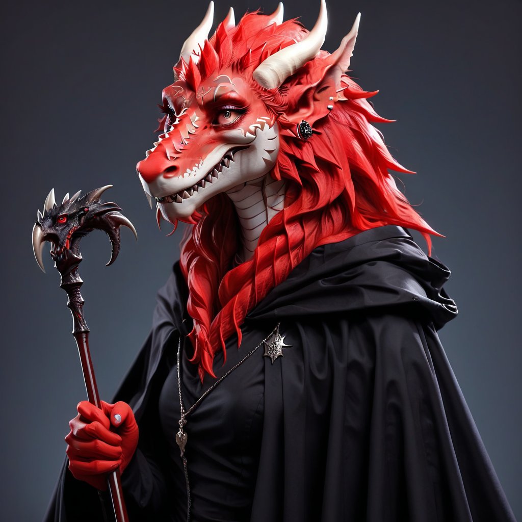ANTHROPOMORPHIC dragon, red, beautiful face, wearing a long black cloak, holding a long cane. hyper-detail, stylization,shark