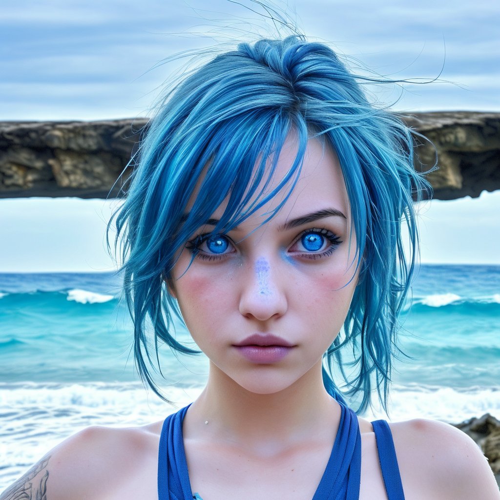 beautiful girl,blue hair,beautiful face, against the background of the sea. hyperdetalization,DonMRun3Bl4d3