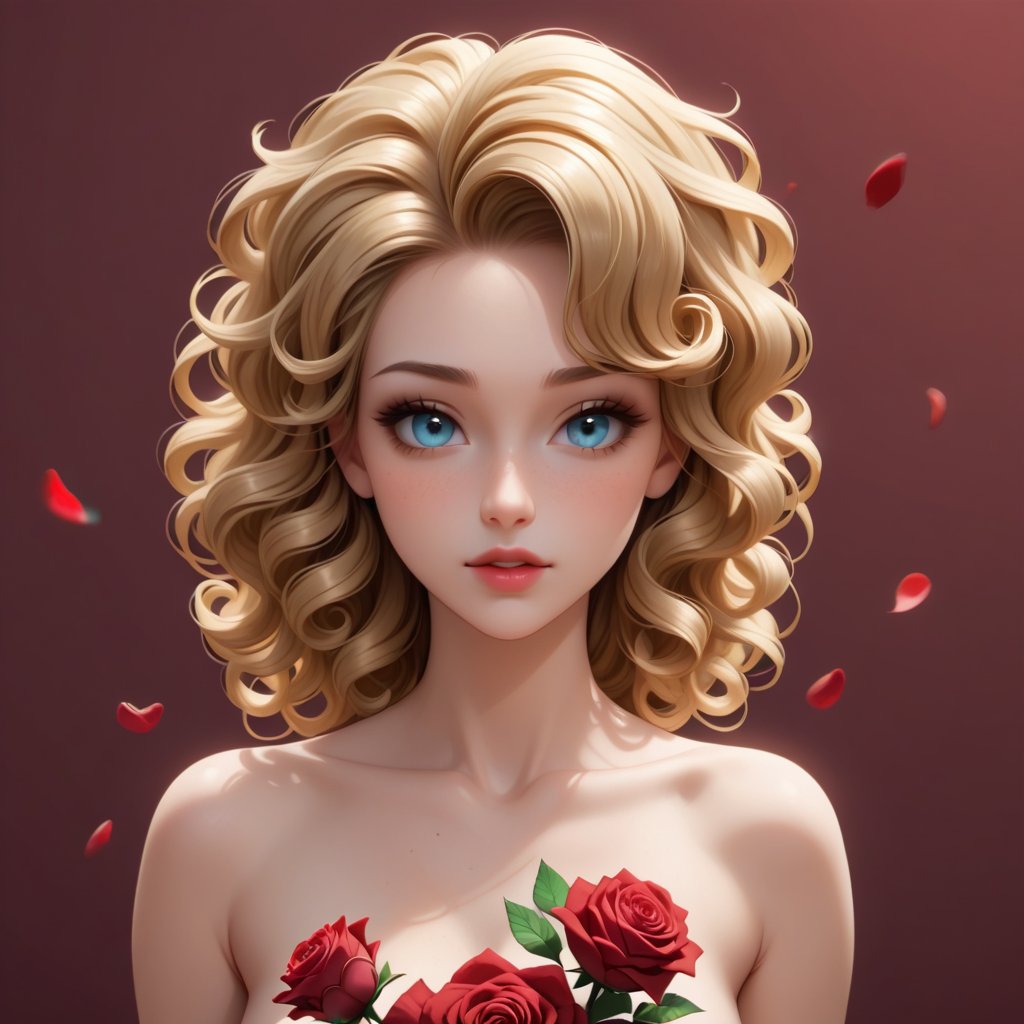 a beautiful girl with golden curly hair. It stands against a background of red roses.