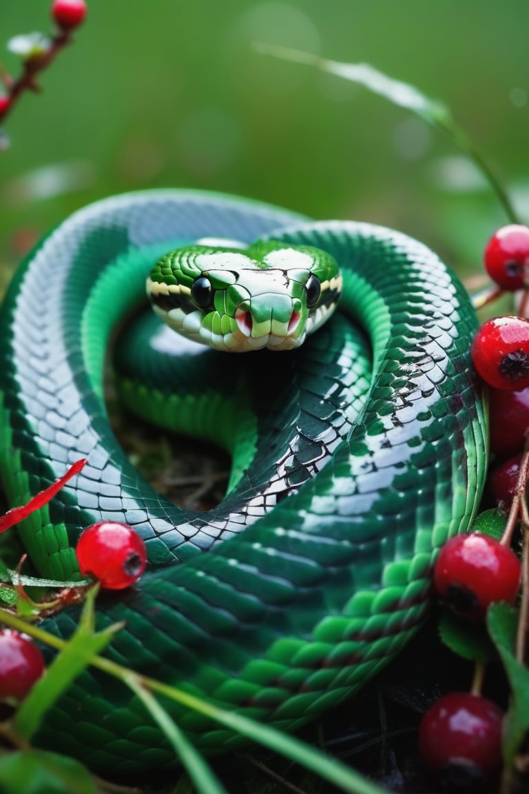 a beautiful snake, green in color, lies in the wet grass among red berries and cobwebs on which dew drops sparkle.yu
