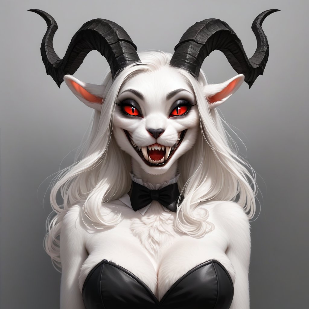 [[furry rabbit 5.0]], [female rabbit 2.0],(demon), (anthropomorphic 3.0), beautiful white fur, black nose, waist-high photo, [rabbit muzzle 1.1], insidious smile, sharp fangs, sharp teeth, demonic horns,((horns)),