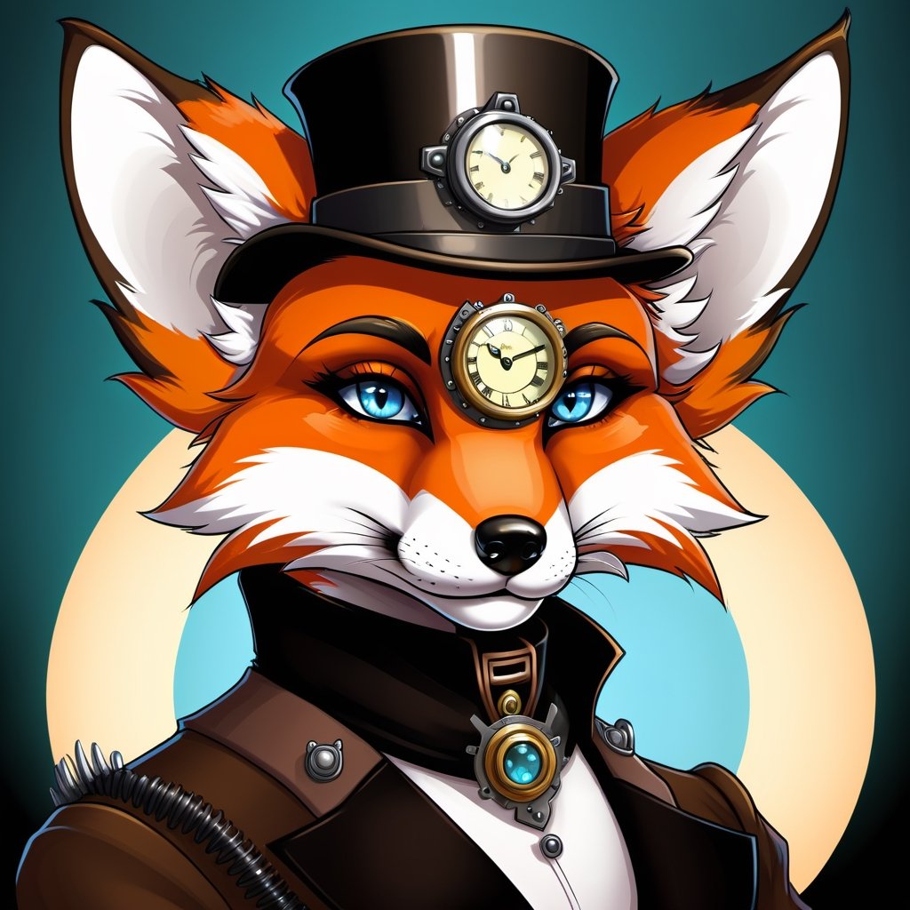anthropomorphic fox, beautiful muzzle, beautiful eyes. stylization, hyper detailing in the style of steam punk