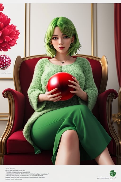 A striking illustration of a girl with vivid green hair, seated gracefully in a luxurious armchair, delicately cradling a crystal sphere. The image is ultra-detailed, in a vibrant 16k resolution with a poster-like quality, highlighting every intricate feature and texture. --s 150 --ar 1:1 --c 5 ,Rudolf_Red_Nose