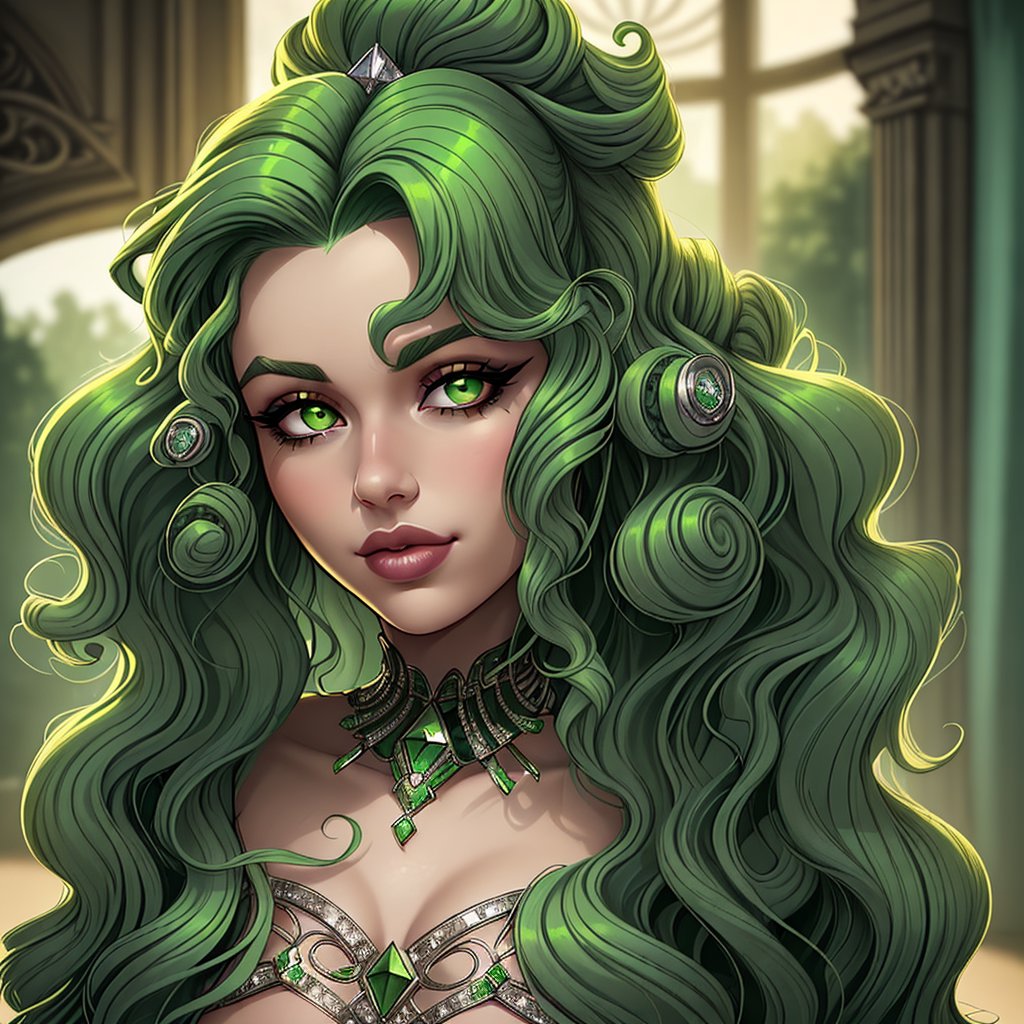 a beautiful girl with green hair,curls,with diamond inserts in her hair,a beautiful face, many details