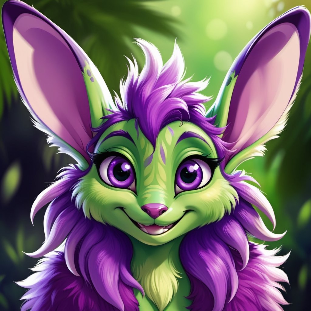 a beautiful animal, green-purple in color,with big eyes,fluffy,long ears,smiling,strong smile,looking at the viewer,