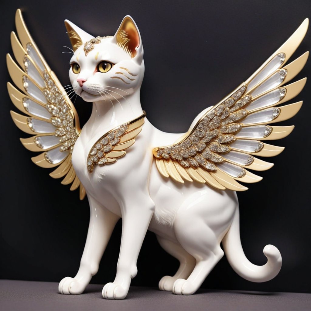 beautiful cat,with gold rhinestone inserts,clear details, hyperdetalization, large wings on the back,popc