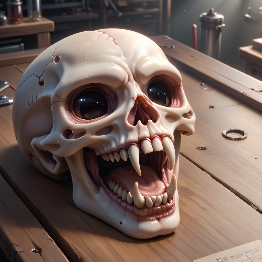 Dark and gloomy, smooth glass skull of a monster cat, transparent, skull bioluminescence, lying on a workshop table, close-up, toothy mouth, emphasis on sharp teeth, subtle glow, moody lighting, detailed reflections, shadowy surroundings