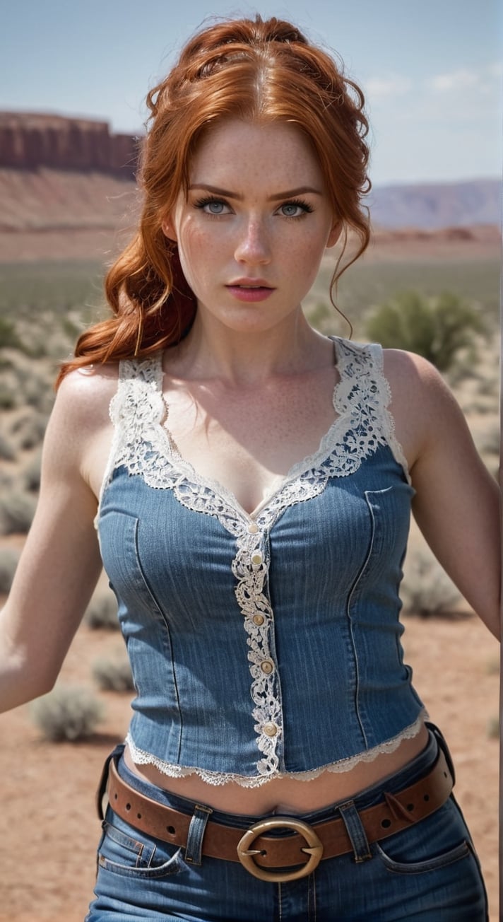 A stunning redhead female gunfighter, gorgeous woman, arms up, with petite frame and murder in her eyes, detailed in focus face with HD 8K big in focus angry eyes and freckles on her nose cheeks and shoulders, arms up, wearing a delicate lace tank top and form-fitting blue jeans. Old-west clothes. masterpiece, best quality, intricate, detailed, sharp, focused sci-fi landscape
