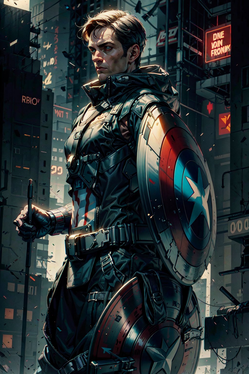 Captain America, tron,cyberpunk, armour suit, holding shield