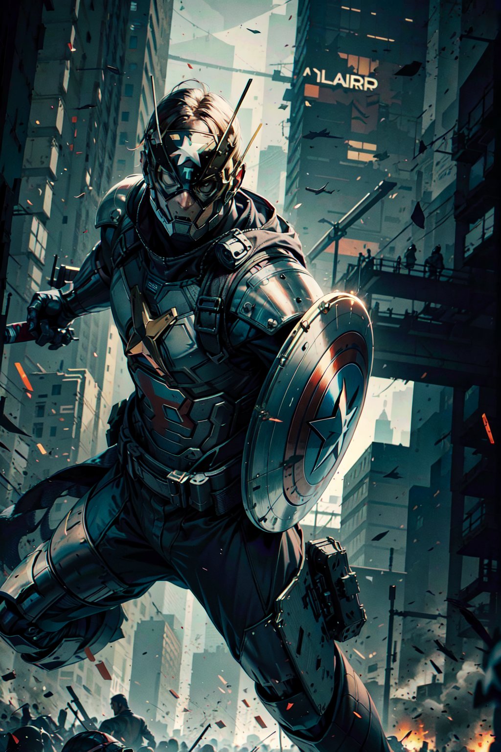 Captain America, cyberpunk, armour suit, mask on, holding shield, holding spear, battle pose