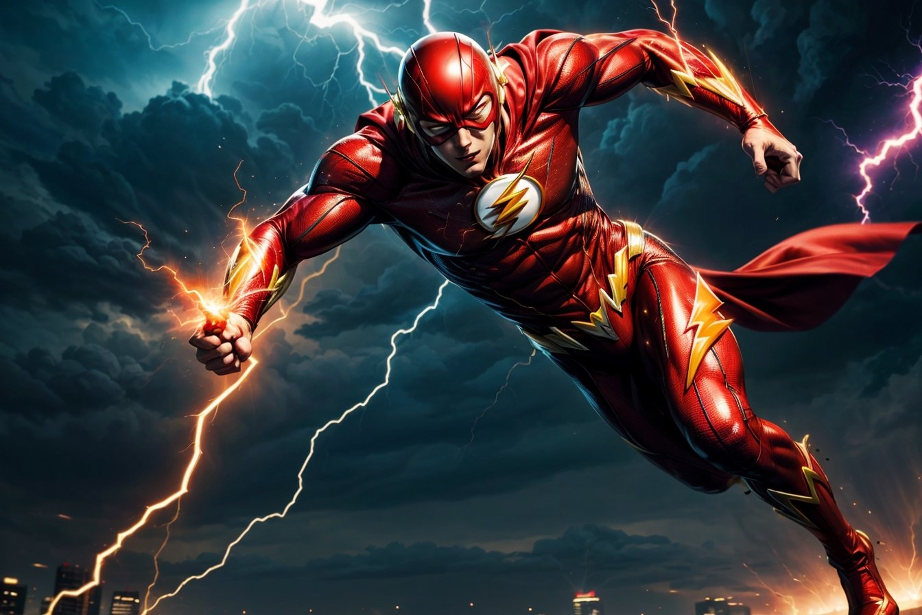 Create the most epic version of dc comics The Flash, in his signature red suit, yellow glowing lightning eyes, looking and running towards the viewer, in the background, Superman flying and chasing him, both speeding ahead, flashes and lightning bolt effects, epic sky