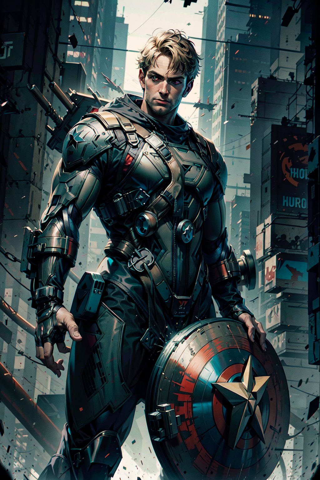 Captain America, cyberpunk, armour suit, holding shield on left hand, holding Thor hammer on right hand, dynamic pose