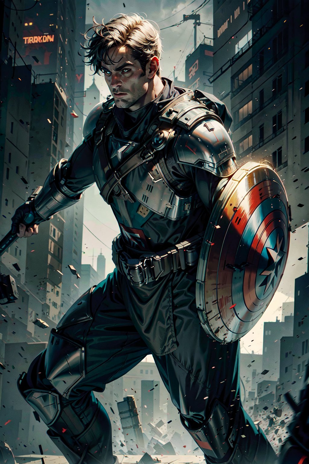 Captain America, cyberpunk, armour suit, holding shield on left hand, holding Thor hammer on right hand, battle pose