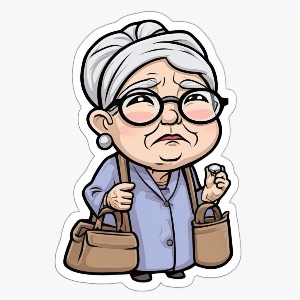  sticker, cartoon grampy old woman, white background,Chibi Style