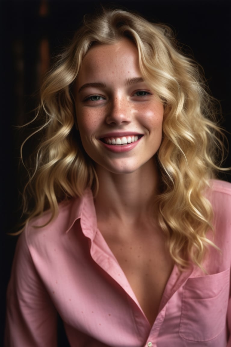  1girl, blond long wavy hair, medium breast, unbuttoned collared pink blouse, open mouthed light smile, lite freckles detailed skin, pore, 
low key,masterpiece, best quality,
photo-realistic, raw photo,photo r3al