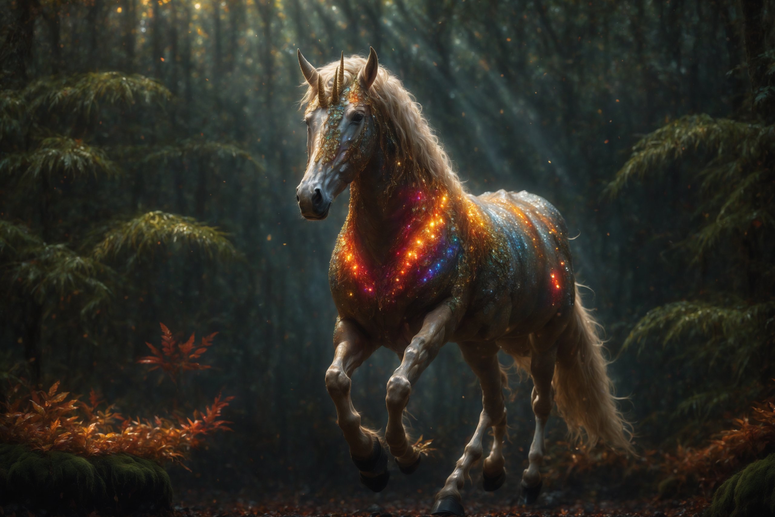 In a lush, tropical autumn forest, a long golden horned unicorn emerges from the underbrush, its glittering red and black opal scales refracting light like dew drops on its textured skin as it approaches the camera, capturing the scene in stunning HDR,  it moves through a forest floor dotted with dew-kissed rocks and moss-covered tree trunks.,Animal Verse Ultrarealistic 